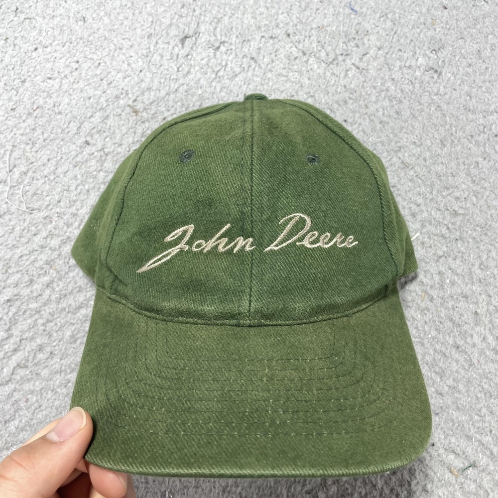John‎ Deere KC Hat Cap Snap Back One Size Mens Green Script Logo VTG Embroidered